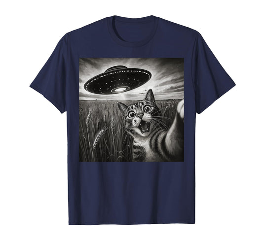 Funny Cat Selfie with UFO Alien Spaceship Men Women Kids T-Shirt