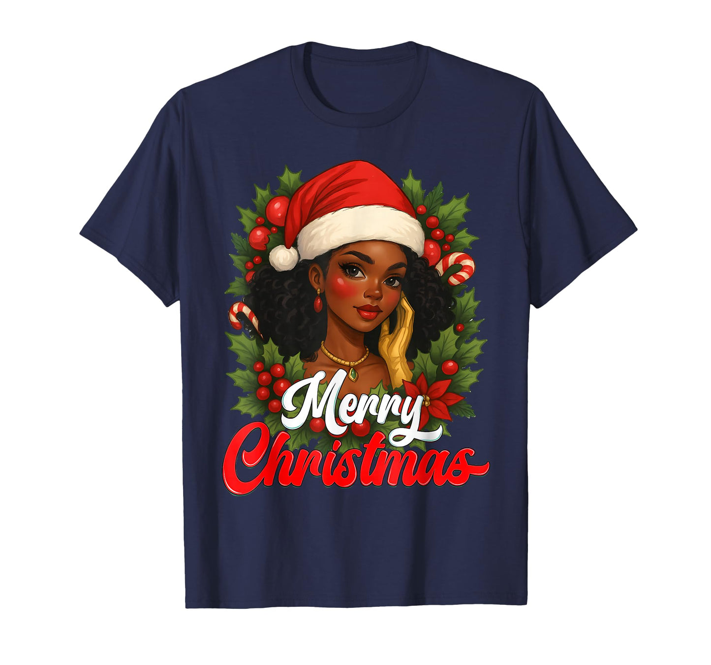 Black Girl Santa Hat Merry Christmas Pajama African American T-Shirt