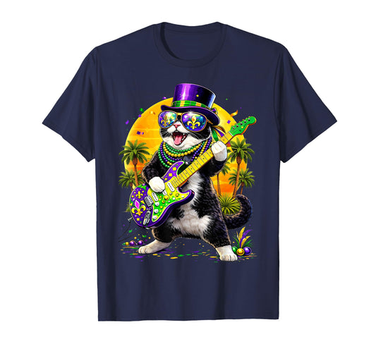 Funny Cat Playing Guitar Mardi Gras Men Women Teens Kids T-Shirt