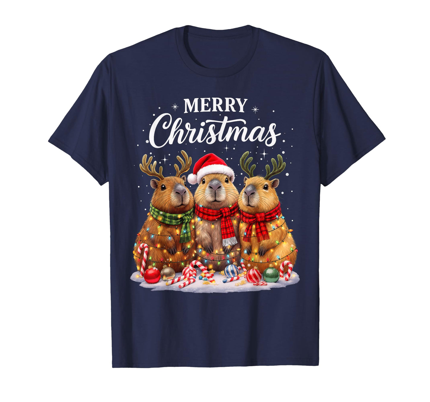 Christmas Capybara Santa Hat Reindeer Xmas Holiday Lights T-Shirt