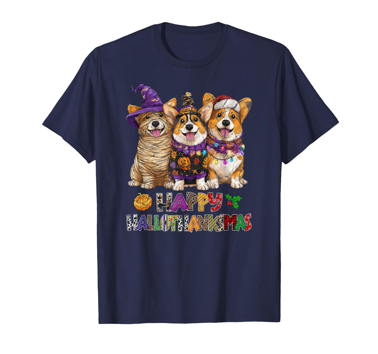 Hallothanksmas Corgi Dogs Halloween Christmas Pumpkin T-Shirt