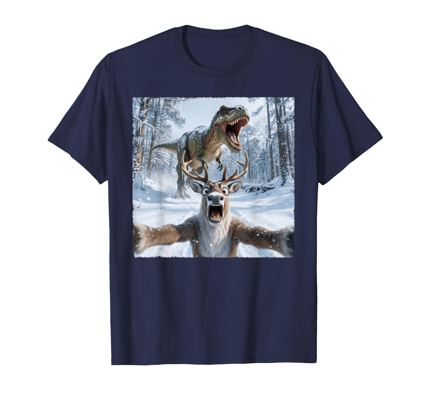 Funny Reindeer Selfie with T-Rex Dinosaur Christmas T-Shirt