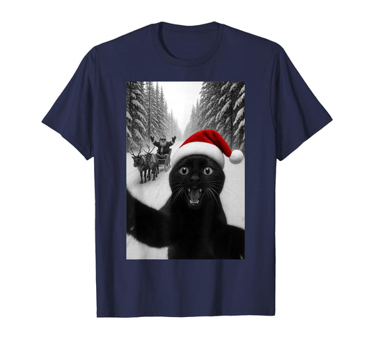 Funny Black Cat Selfie with Santa Christmas Men Women Kids T-Shirt