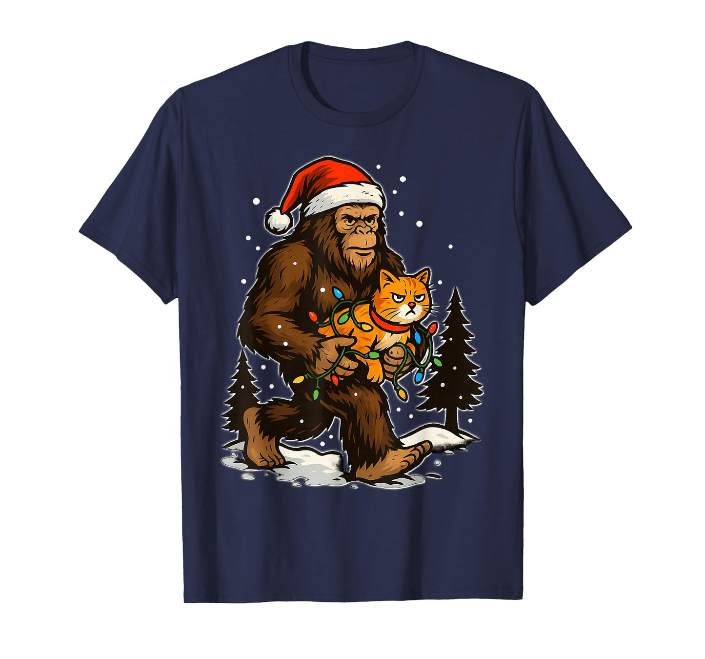 Christmas Bigfoot with Cat and Lights Santa Hat Funny Xmas T-Shirt