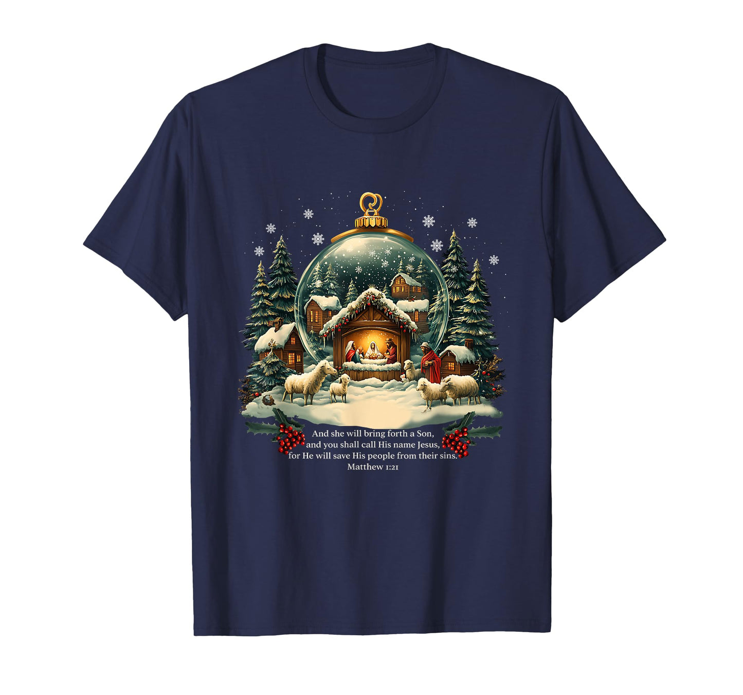 Nativity Ornament Christmas Scene Matthew 1:21 T-Shirt