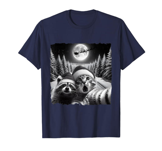 Christmas Xmas Holiday Funny Cat Taking Selfie Racoon Santa T-Shirt