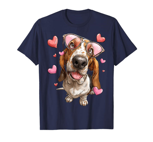 Basset Hound Dog Valentine's Day Heart Sunglasses T-Shirt