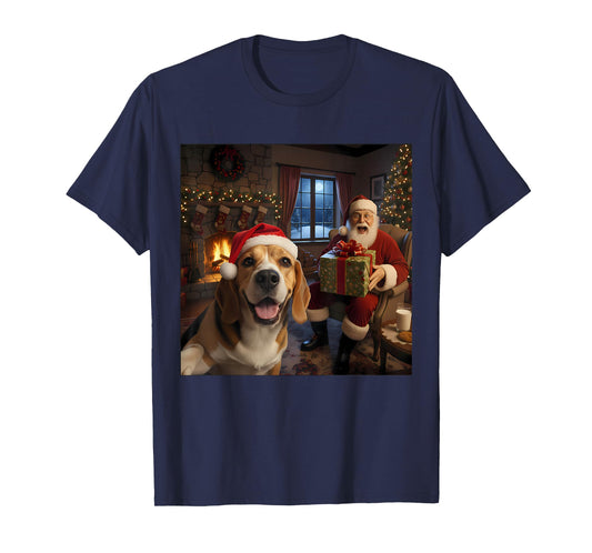 Beagle Selfie with Santa Claus Funny Christmas Meme T-Shirt