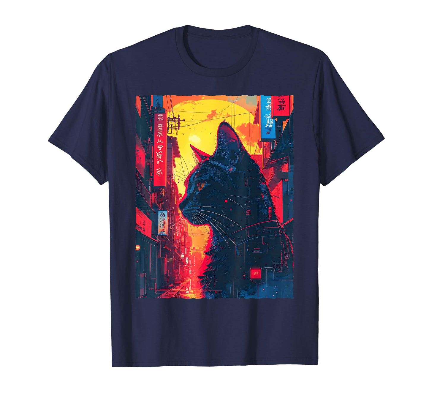 Japanese Street Black Cat Retro Future Sci-Fi Art T-Shirt