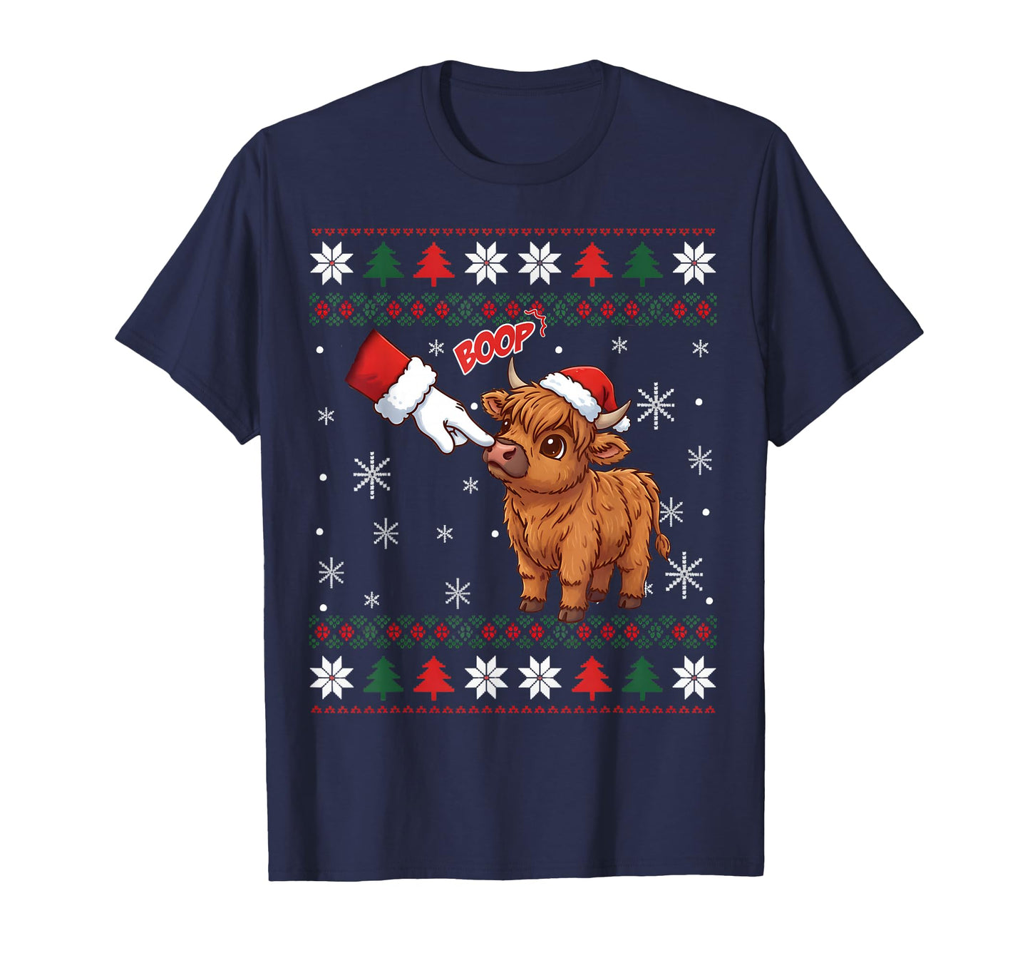 Santa Farmer Funny Western Hand Boop Christmas Highland Cow T-Shirt