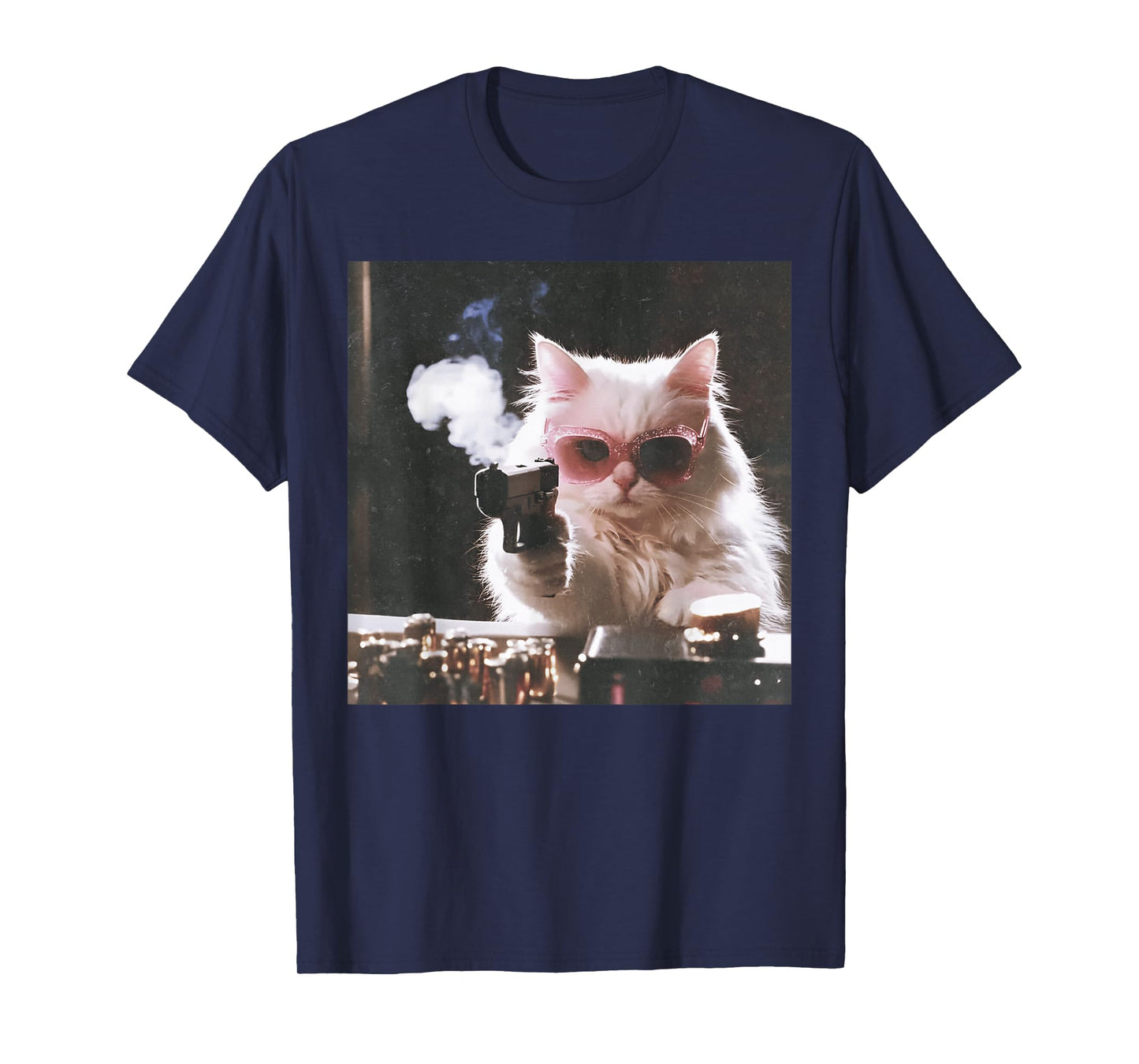 Retro Cool Cat with Gun Pink Sunglasses Cat Meme T-Shirt
