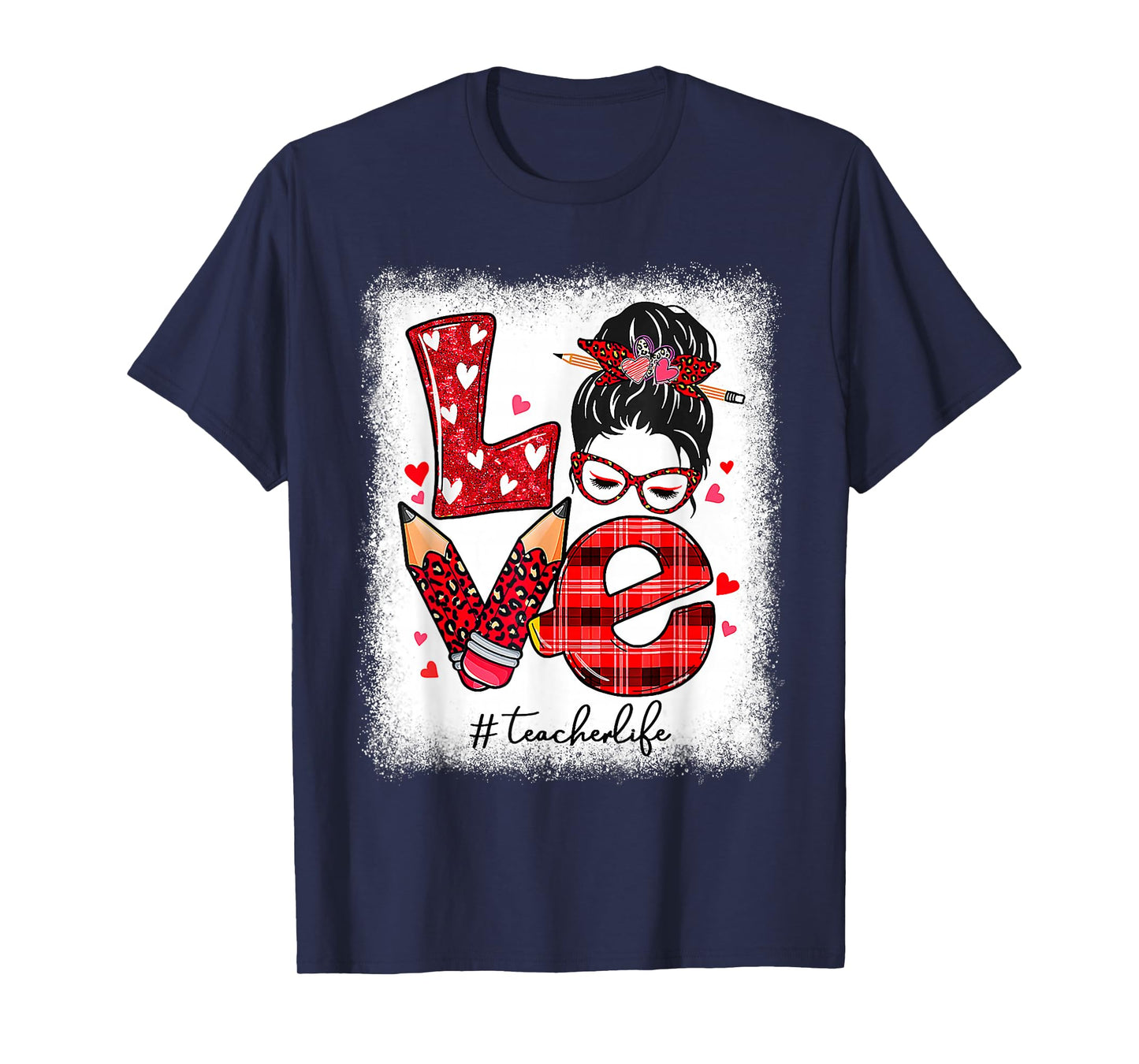 Funny Teacher Life Leopard Messy Bun Valentines Day T-Shirt
