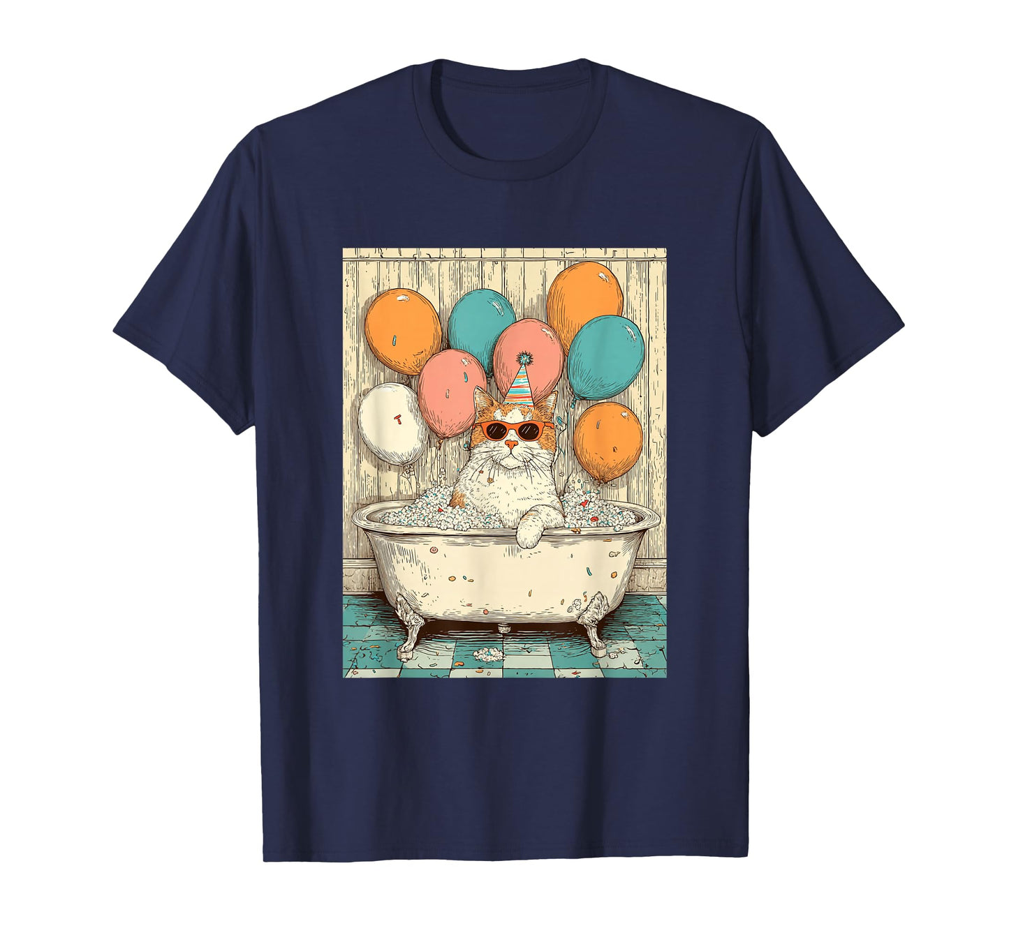 Cat Birthday Party Balloons Bathtub Art Print T-Shirt