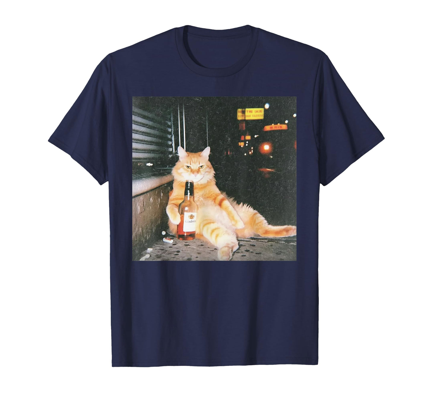 Vintage Drunk Cat Meme in Night Street Funny Cat Lover Gifts T-Shirt