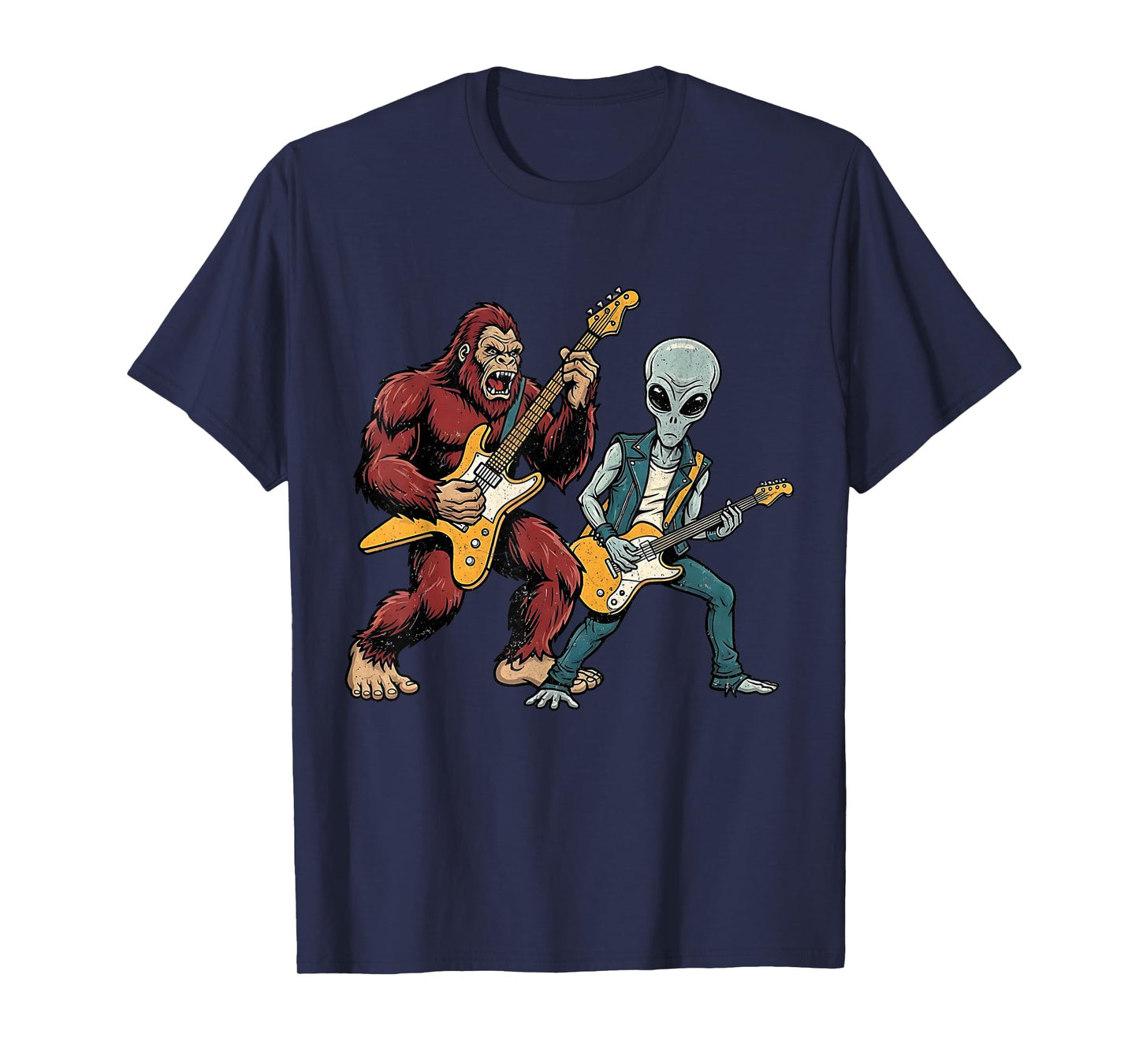 Funny Bigfoot and Alien Playing Guitar Rock Music Musicians T-Shirt