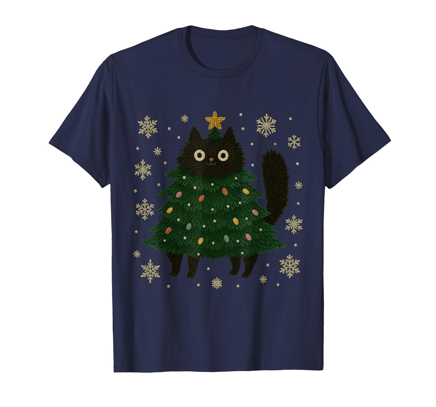 Funny Christmas Cat Tree Costume Snowflake Holiday Art T-Shirt