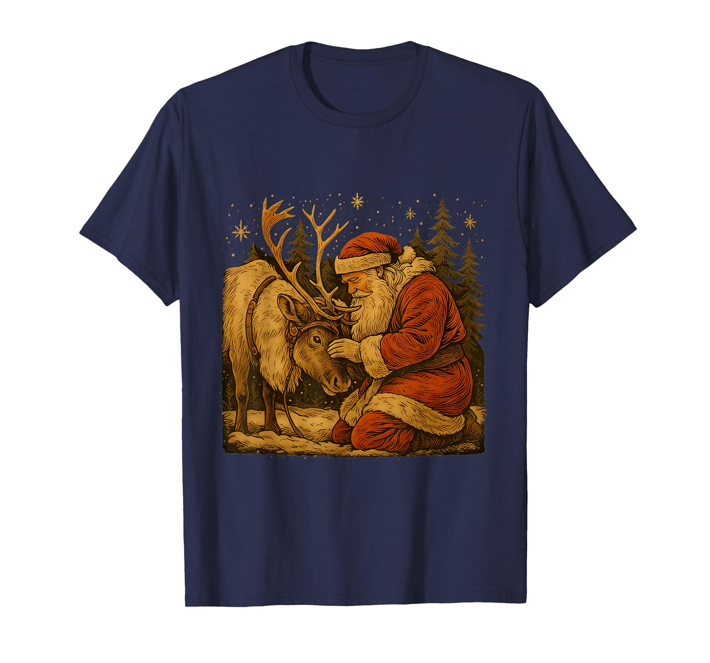 Rustic Santa Reindeer Vintage Christmas Forest Scene T-Shirt