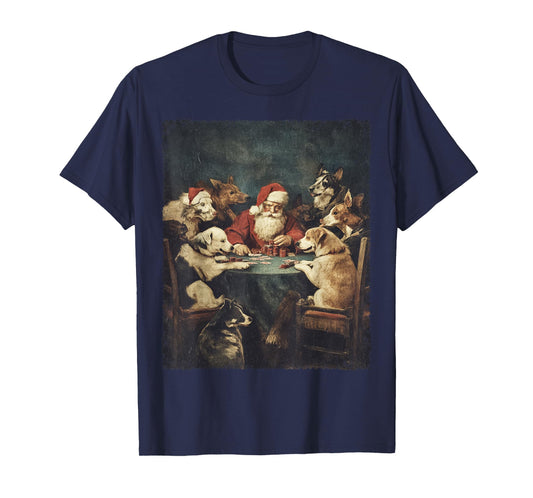 Christmas Santa Playing Cards Dogs Playing Poker T-Shirt