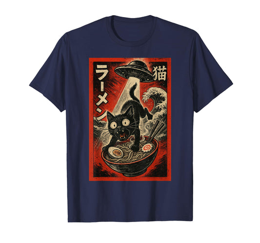 Funny Black Cat Ramen Alien UFO Abduction Japanese Art Anime T-Shirt