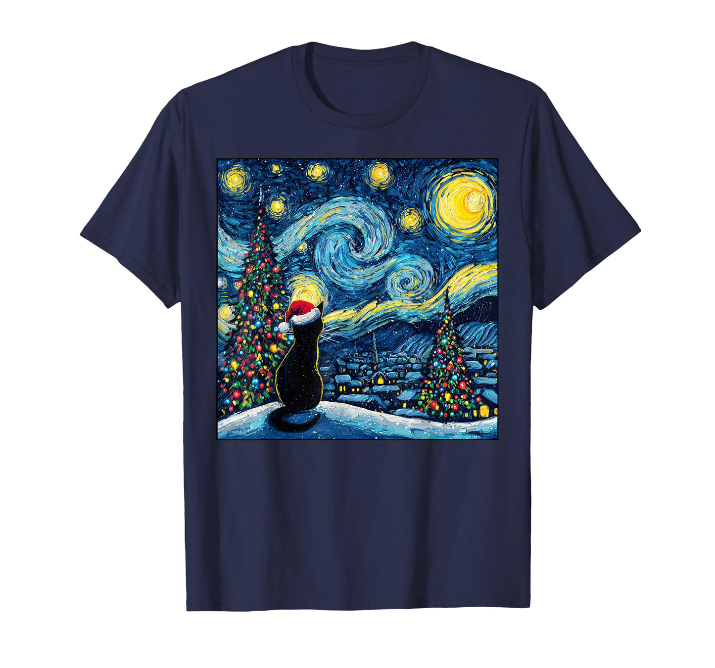Van Gogh Starry Night Black Cat Santa Hat Toddlers Christmas T-Shirt