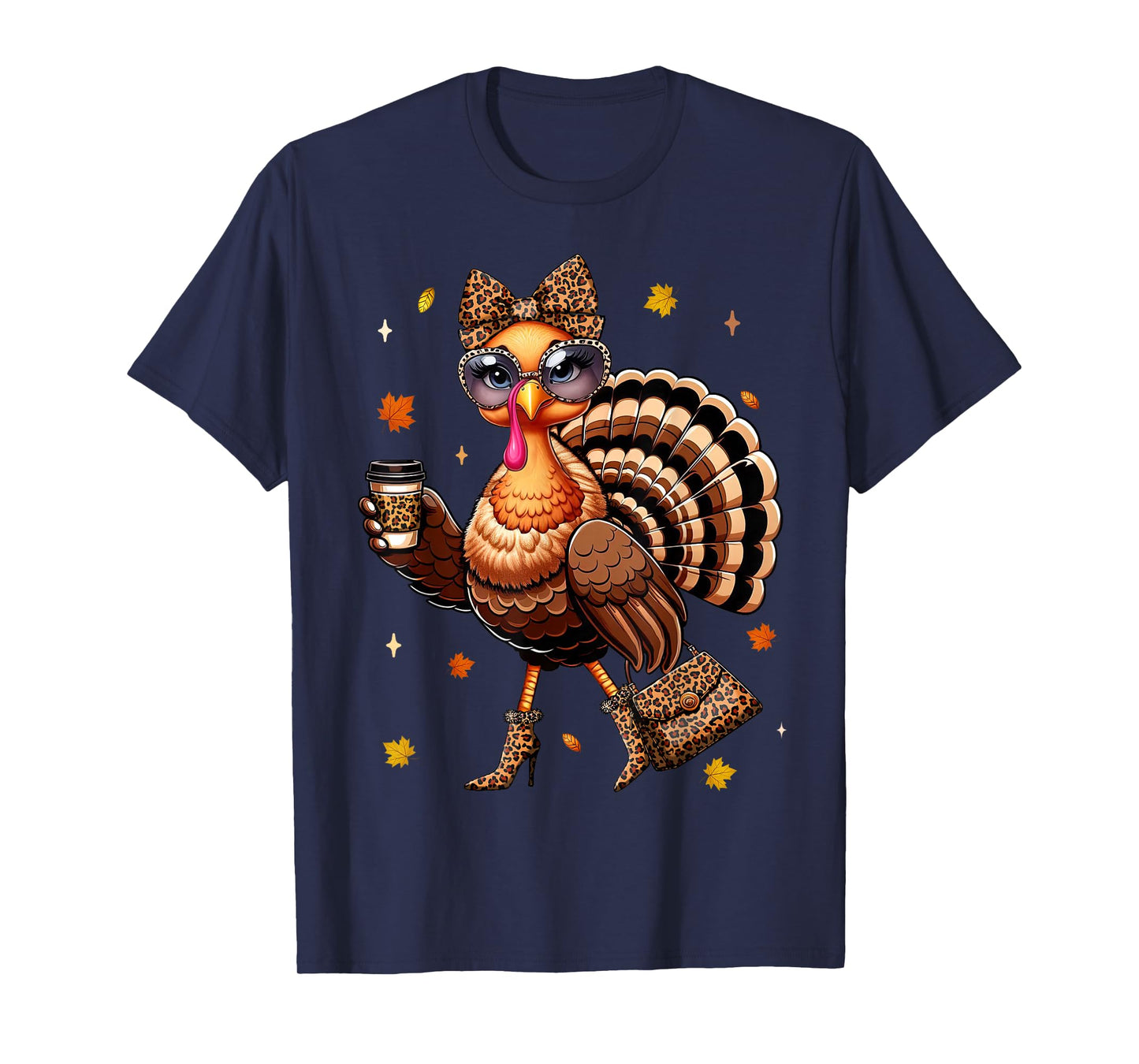 Leopard Turkey Drinking Coffee Thanksgiving Women Turkey Day T-Shirt