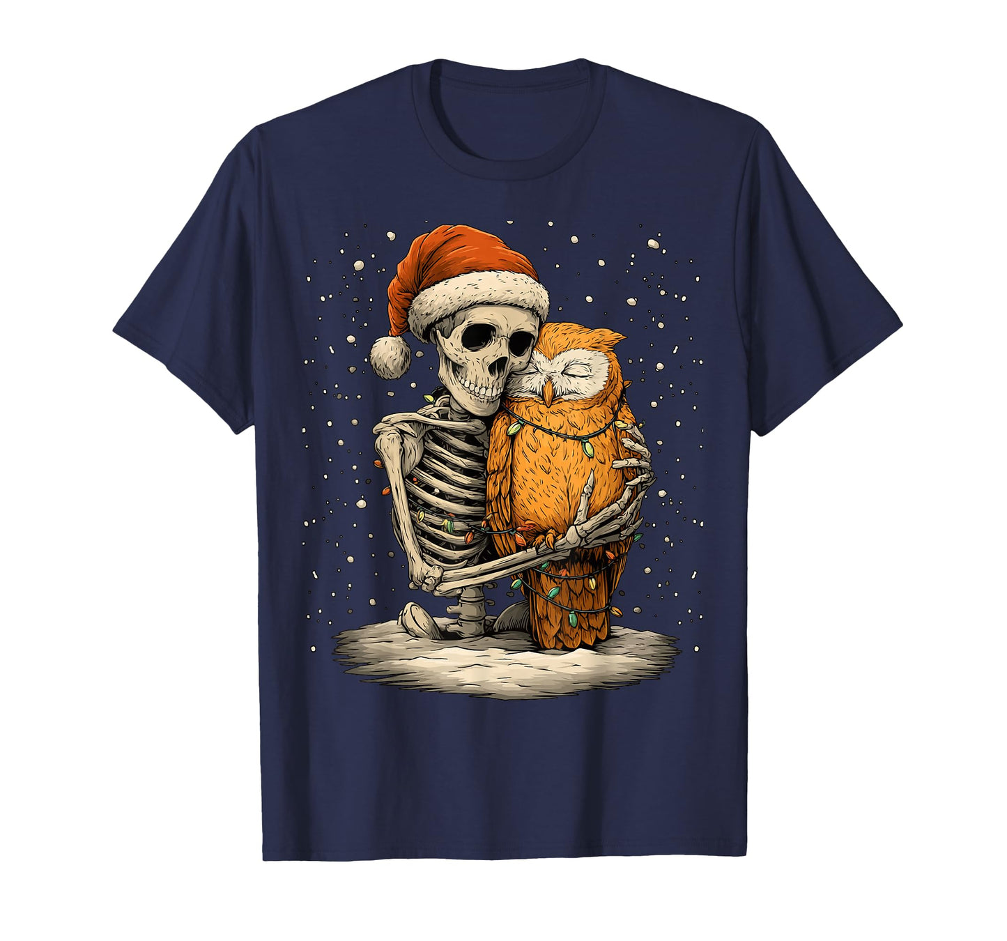 Skeleton Hugging an Owl with Santa Hat Snow Gothic Christmas T-Shirt