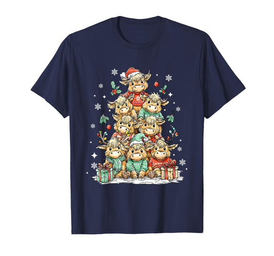 Santa Cow Christmas Tree Highland Cow Meme Western Cow Farm T-Shirt