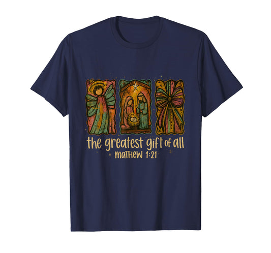 Matthew 1:21 Nativity Greatest Gift Vintage Faith Art T-Shirt