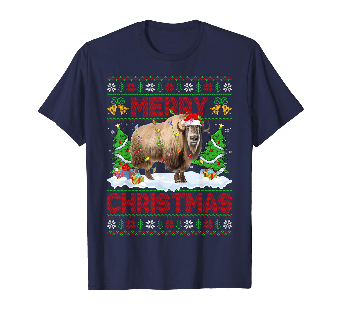 Yak Ugly Xmas Sweater Funny Yak Animal Lights Christmas T-Shirt
