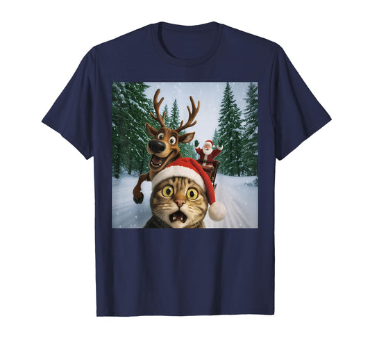 Christmas Santa Claus Merry X-mas Funny Cat Selfie T-Shirt
