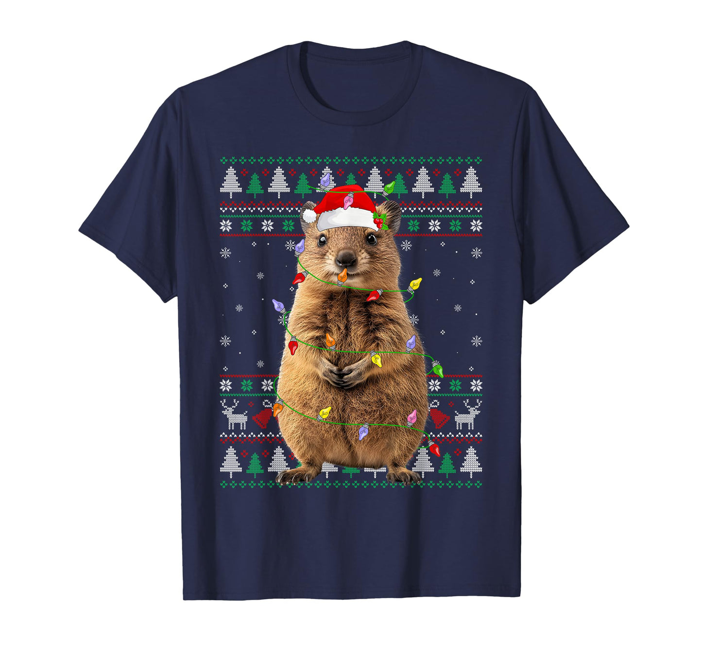 Quokka Christmas Lights Ugly Sweater Santa Hat Quokka Xmas T-Shirt