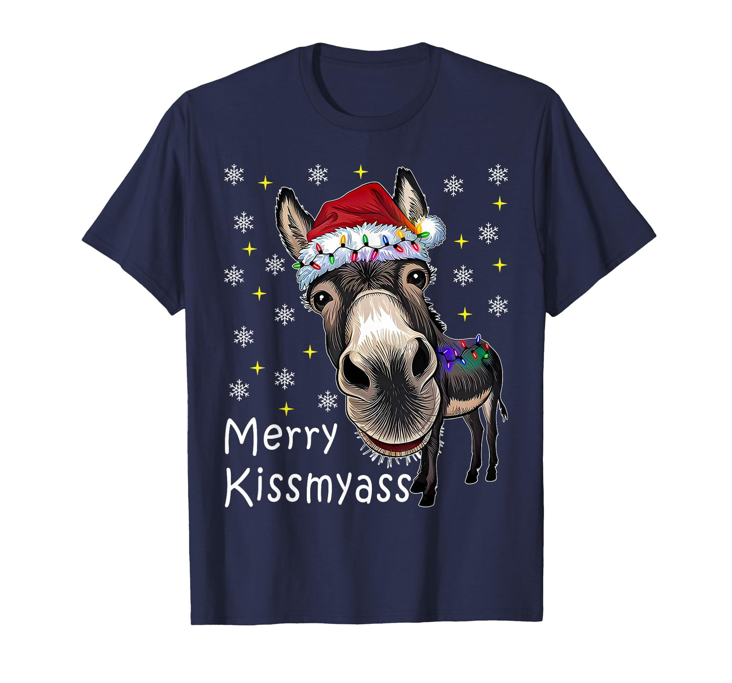 Merry KissMyAss Donkey Wearing Santa Hat Lights Men Women T-Shirt