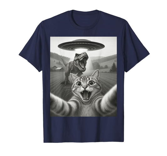 Cat Selfie with Alien UFO & T-Rex Dinosaur Funny Cat Gifts T-Shirt