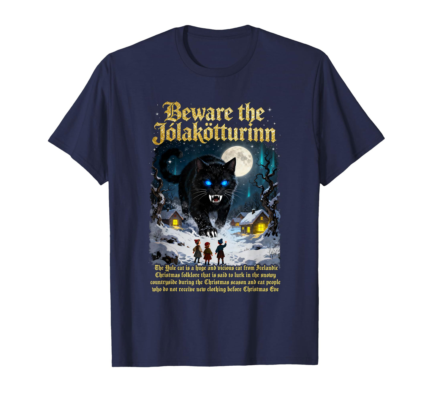 Icelandic Vintage Beware Jolakotturinn Yule Cat Christmas T-Shirt
