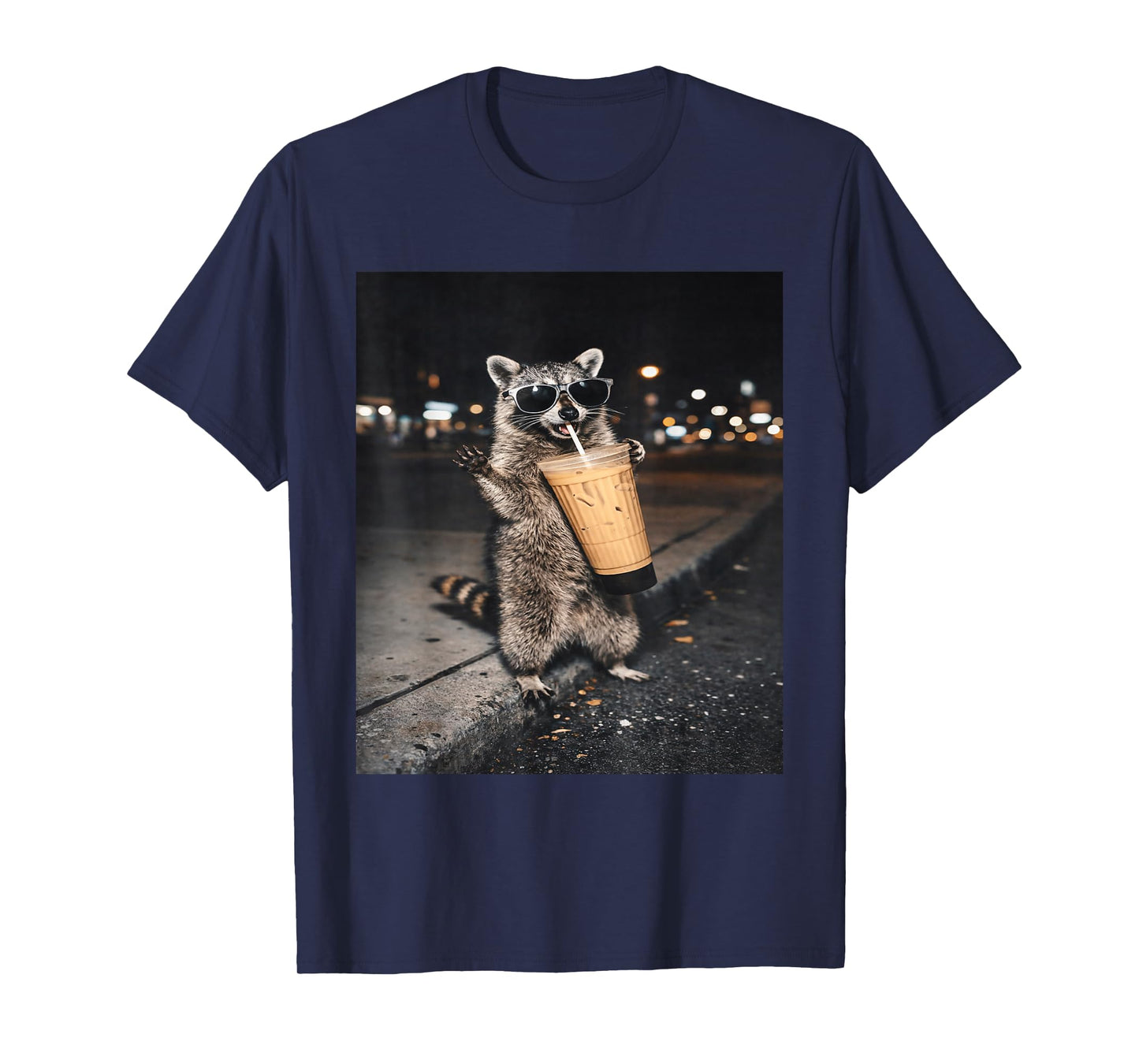 Raccoon Drinking Iced Coffee Funny for Men, Women, and Kids T-Shirt