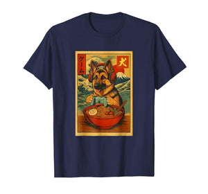 German Shepherd Gaming Ramen Ukiyo-e Great Wave Retro Art T-Shirt