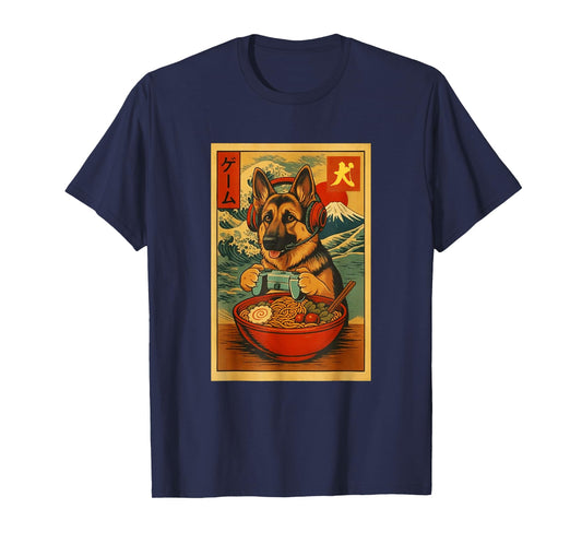 German Shepherd Gaming Ramen Ukiyo-e Great Wave Retro Art T-Shirt