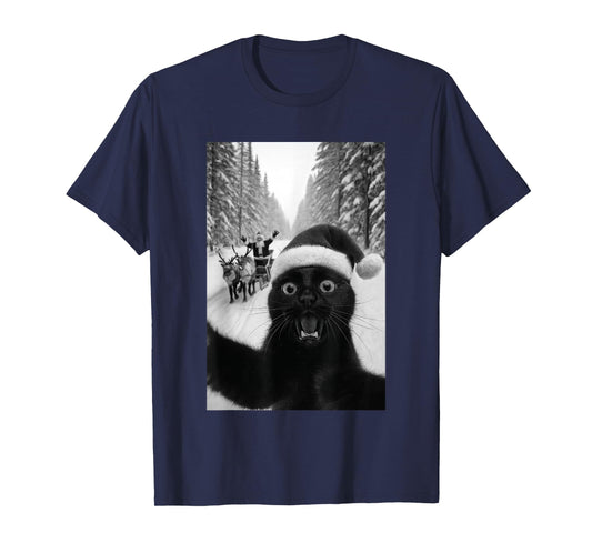 Funny Black Cat Selfie with Santa Christmas T-Shirt