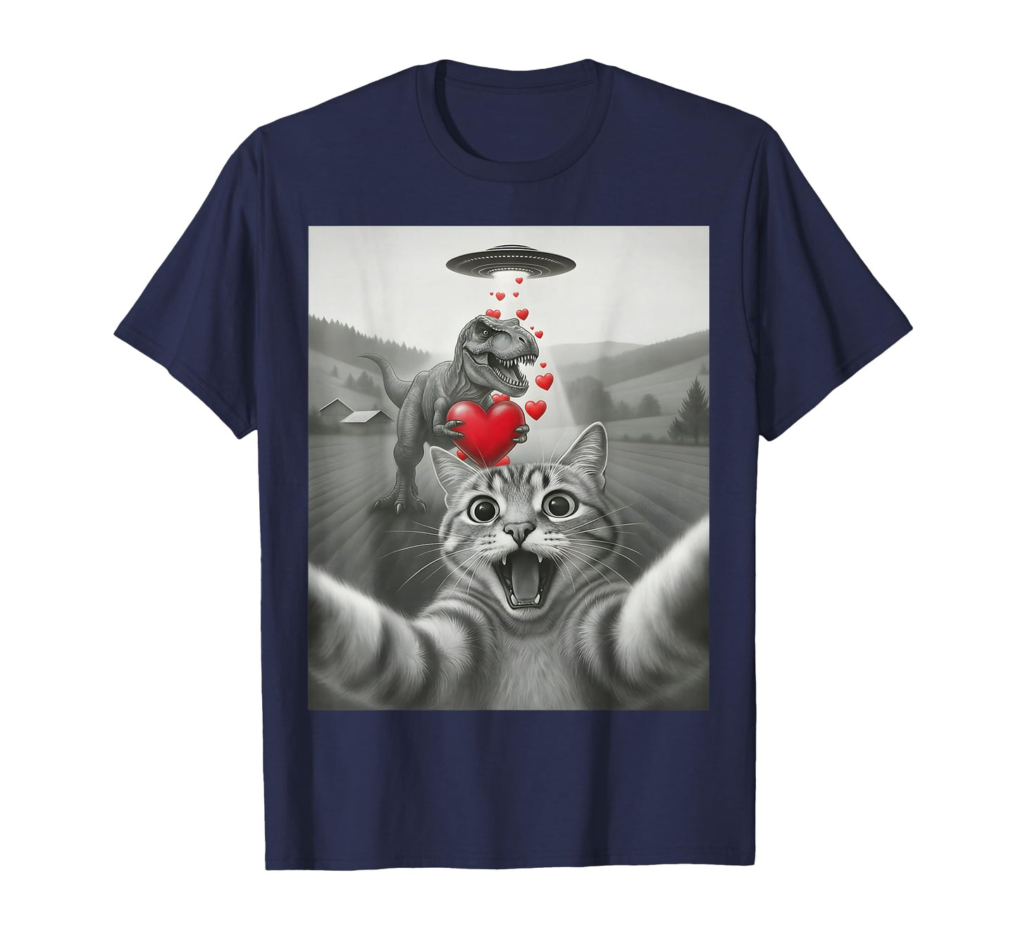 Funny Cat Selfie with T-Rex Dinosaur Valentines Cat Lover T-Shirt