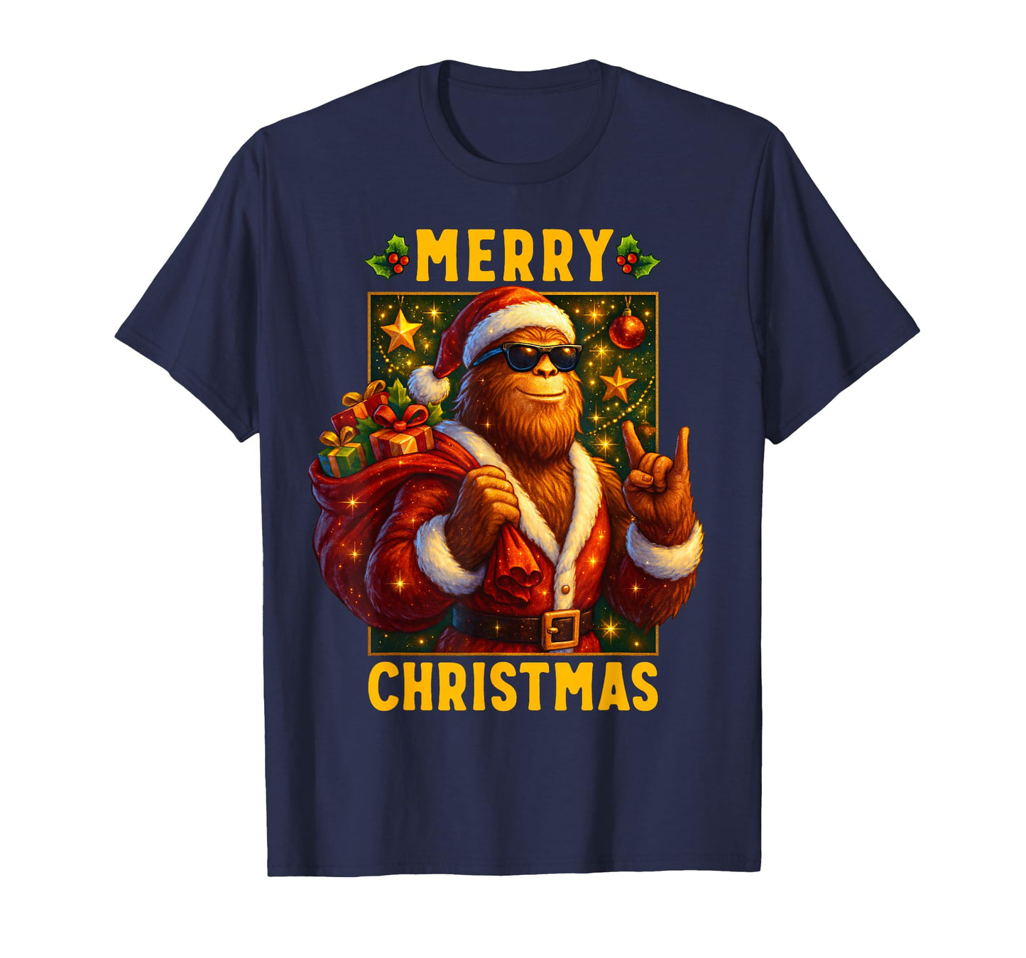 Retro Merry Christmas Santa Bigfoot Sasquatch Funny Xmas T-Shirt