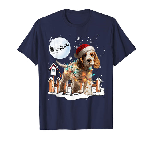 Cute Funny Cocker Spaniel Christmas Lights Santa Hat Holiday T-Shirt