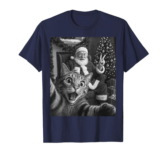 Christmas Santa Claus Merry X-Mas Funny Cat Selfie Men Women T-Shirt
