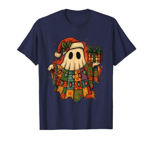 Vintage Christmas Ghost Patchwork Lights Design T-Shirt