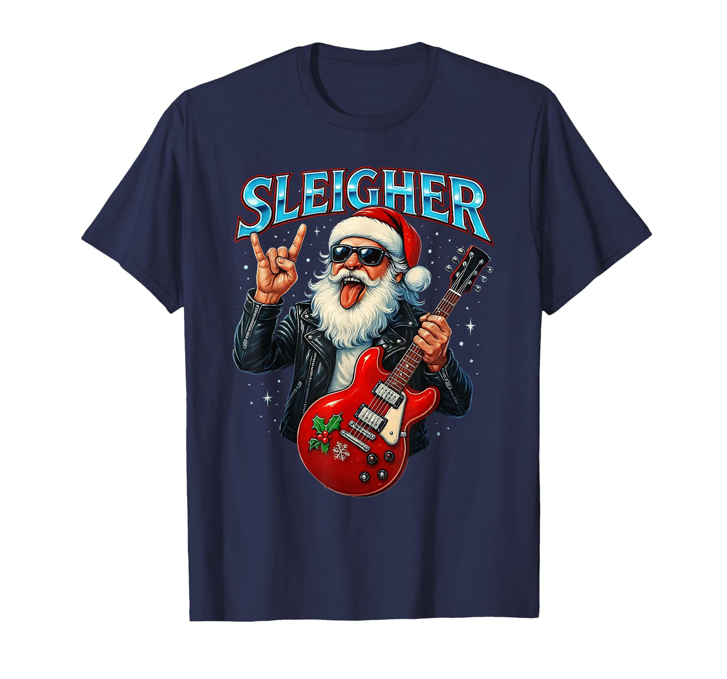 Sleigher Rock Santa Funny Metal Christmas Design T-Shirt