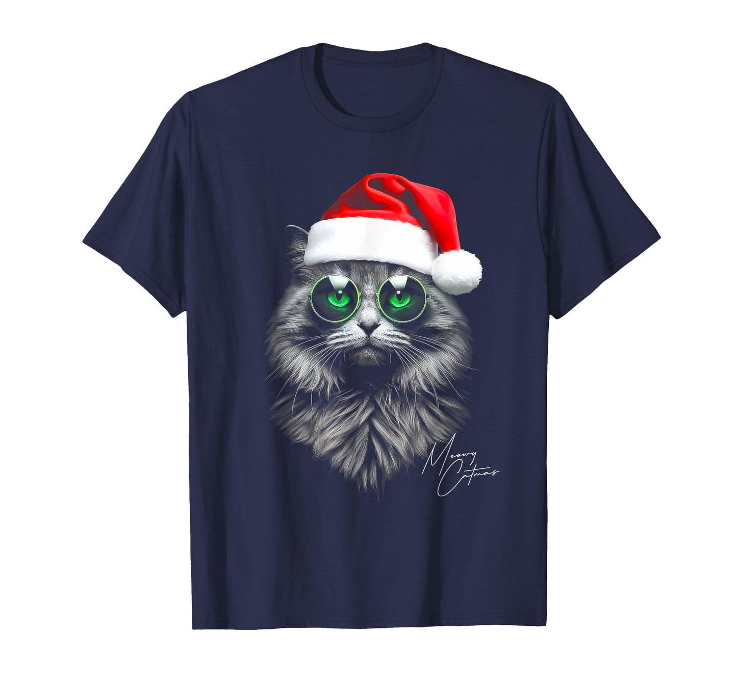 Meowy Catmas Funny Cool Xmas Cat Santa Hat Graphic Holidays T-Shirt