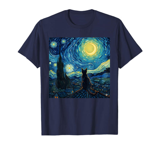 Van Gogh Starry Night Black Cat,Cat Mom, Cat Dad T-Shirt