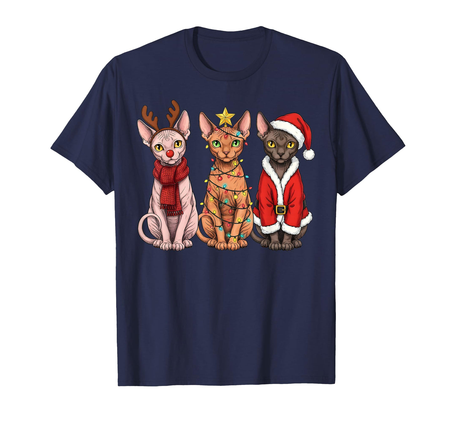 Retro Christmas Sphynx Cat Santa Reindeer T-Shirt