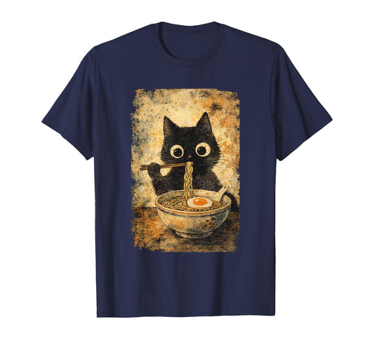 Funny Black Cat Eating Ramen Japan Cute Cat Kawaii Anime T-Shirt