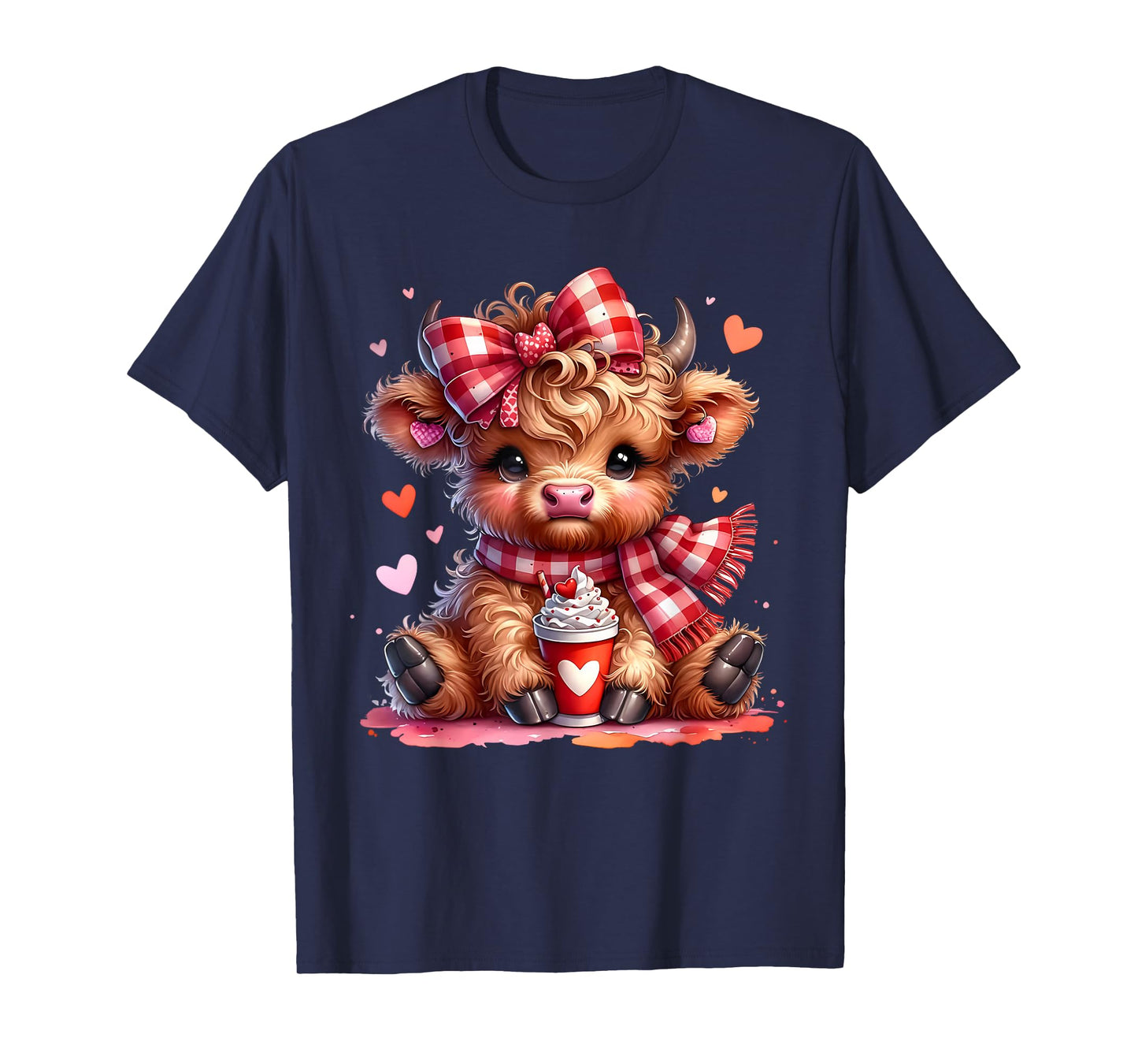 Valentine Highland Cow Cute Cow Drinking Coffee Girls Women T-Shirt