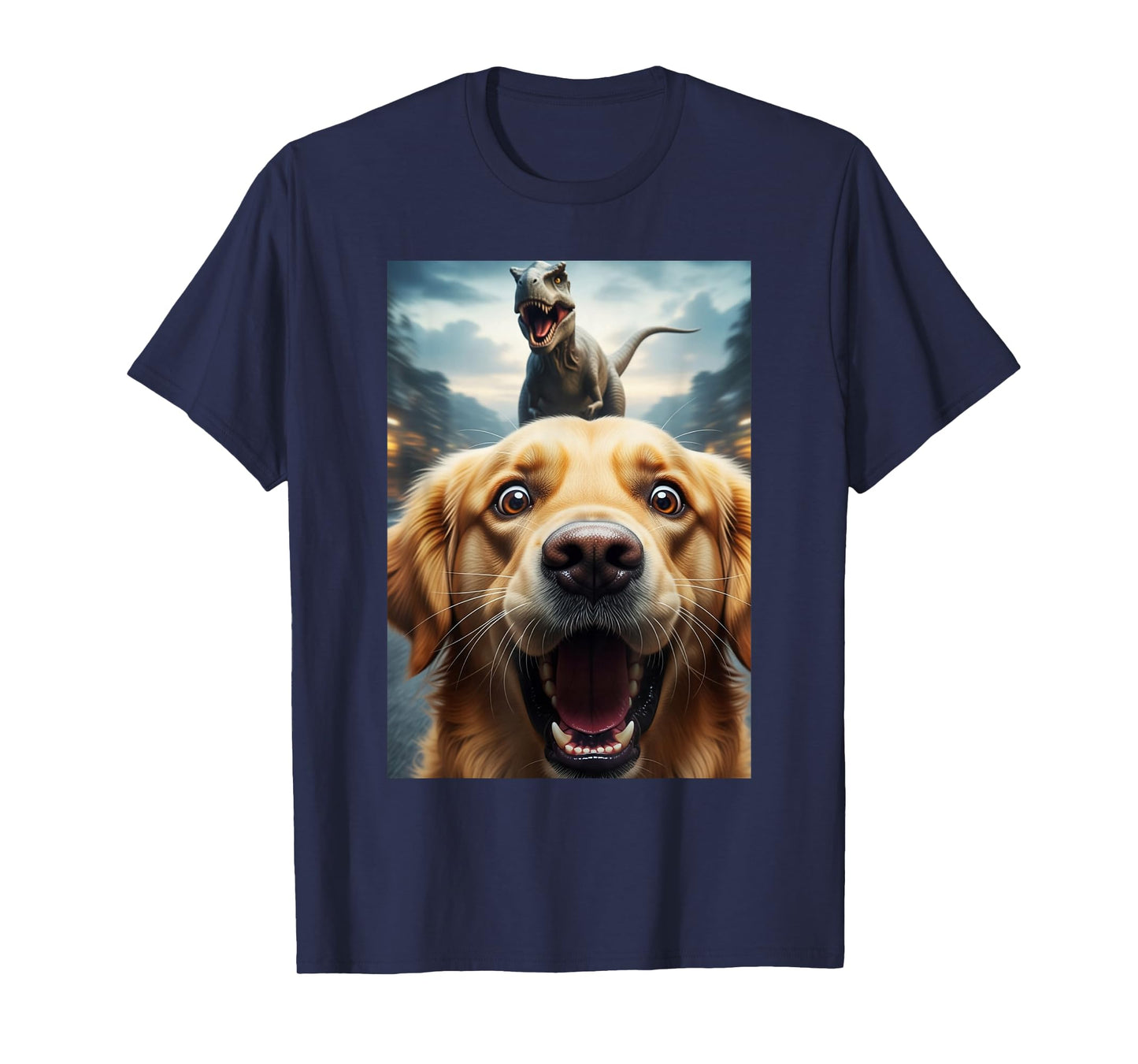 Funny Golden Retriever Dog Selfie with T-Rex Women Men Kids T-Shirt